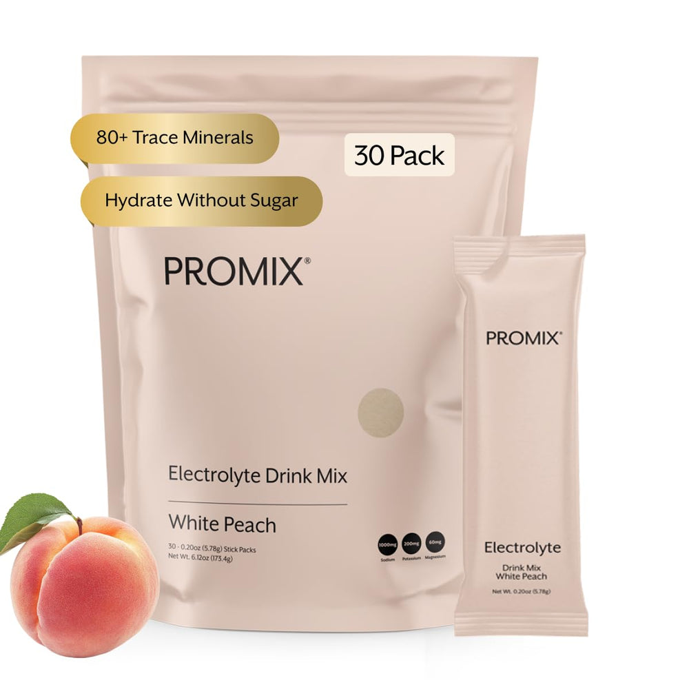 ProMix Nutrition empaque frontal durazno blanco mostrando diseño y servidos