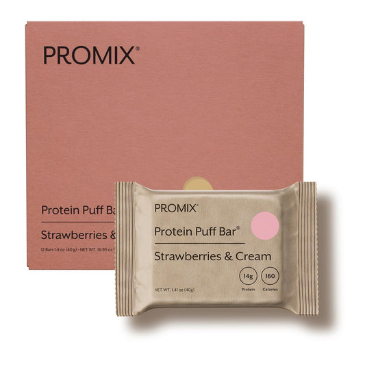 ProMix Nutrition empaque frontal de Whey Isolate Puff Bar Fresas & Crema, práctico y portátil