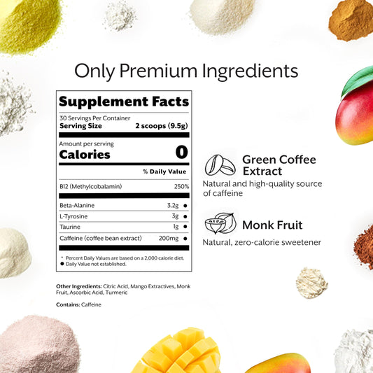 ProMix Nutrition cucharada con polvo mango, textura fina y mezcla instantánea