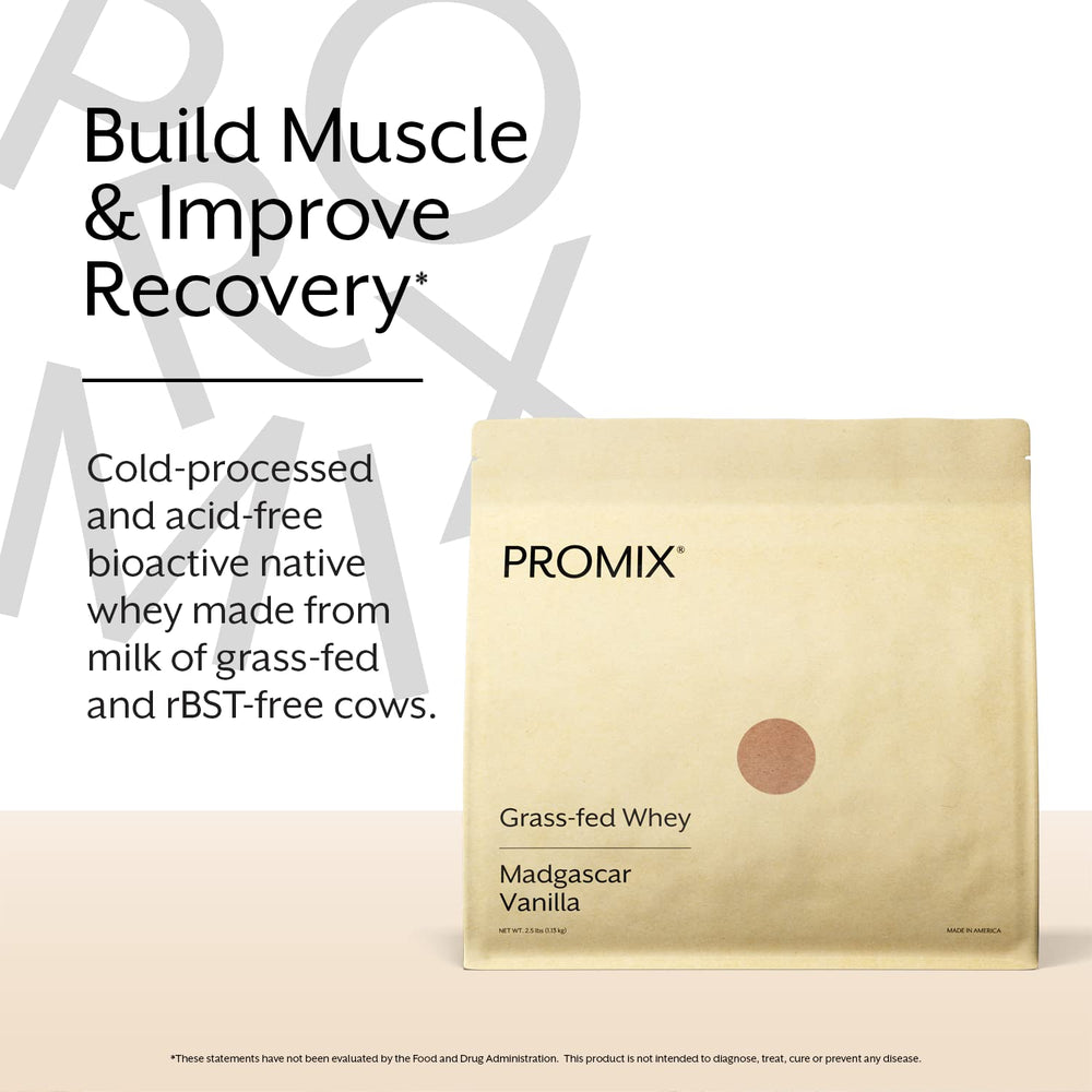 Promix Nutrition grass-fed vanilla powder tub close-up highlights clean ingredients