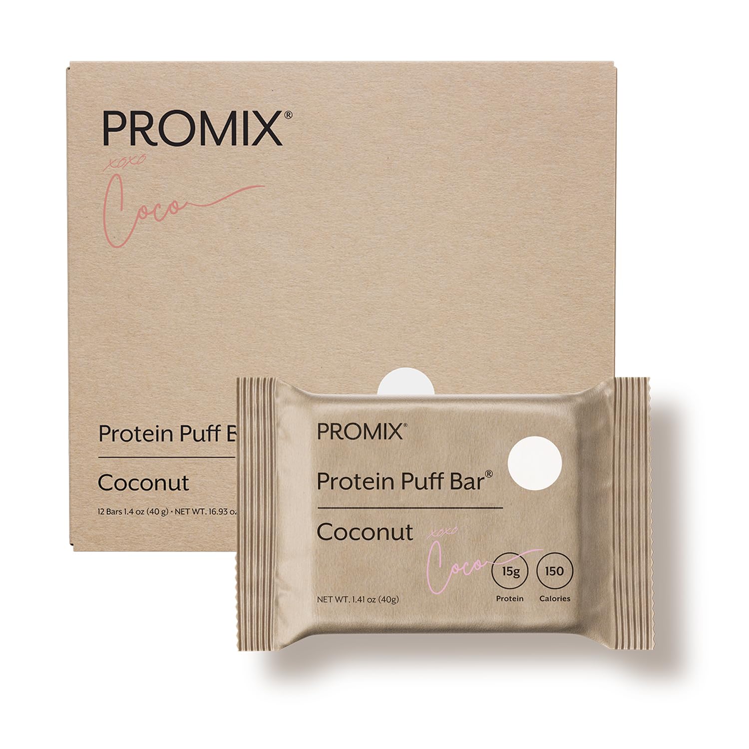 ProMix Nutrition barra coco frontal mostrando empaque y beneficio portátil