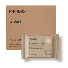 Promix Protein Puff Bars vista frontal caja y barras, conveniencia inmediata