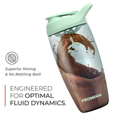 PROMIXX detalle del agitador snap-fit silencioso, batidos sin grumos