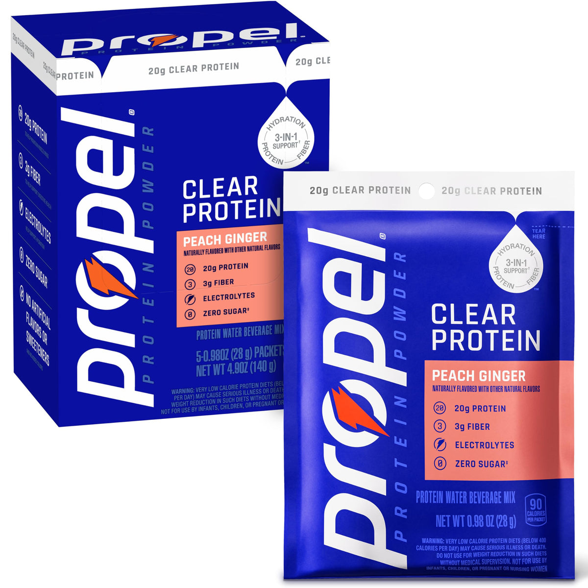 Propel empaque frontal Peach Ginger mostrando sobres y beneficios
