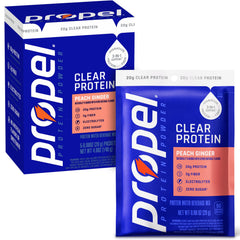 Propel empaque frontal Peach Ginger mostrando sobres y beneficios