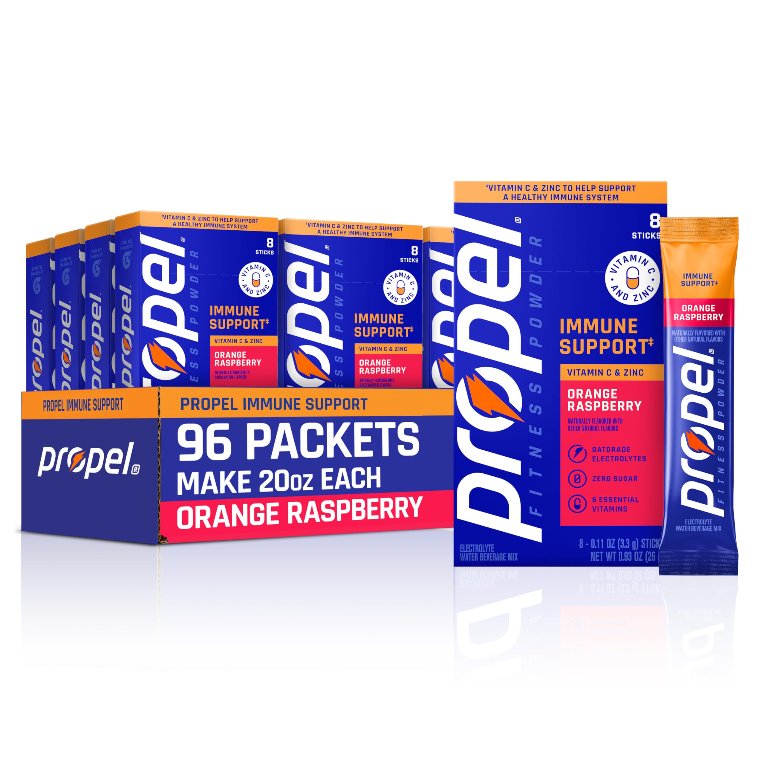Propel frente del empaque con 96 sobres mostrando conveniencia y ahorro