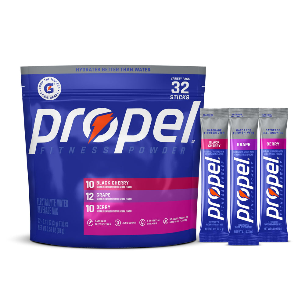 Propel vista frontal del paquete mostrando los 32 sobres y sabores