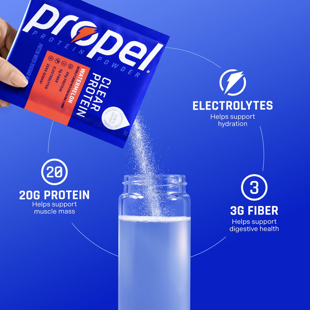 Persona bebiendo Propel después de entrenar, ayuda a recuperación y proteína