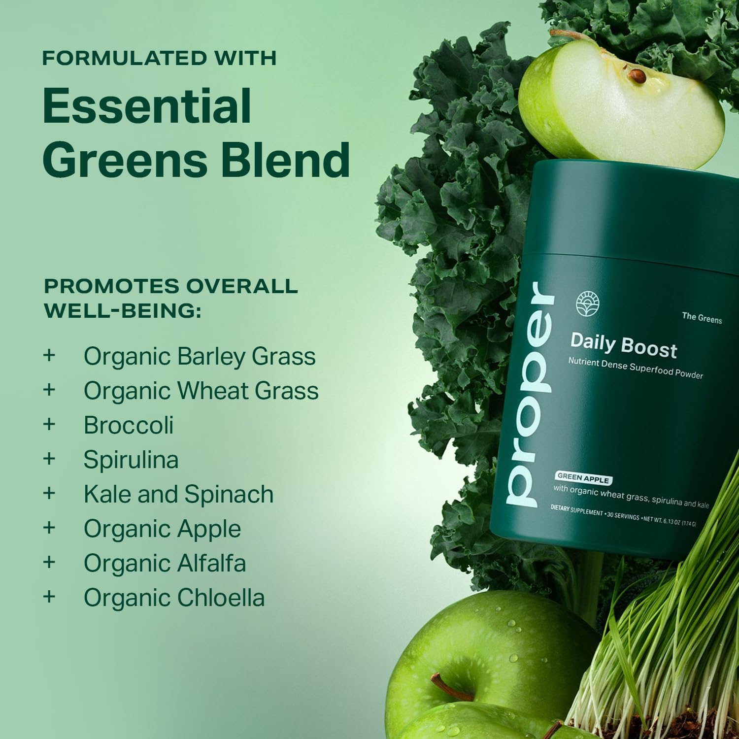 Etiqueta nutricional de Proper The Greens mostrando raciones y certificaciones de calidad