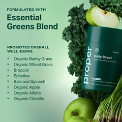 Etiqueta nutricional de Proper The Greens mostrando raciones y certificaciones de calidad