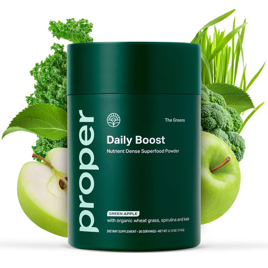 Proper envase frontal del polvo greens con etiqueta clara y beneficios visibles