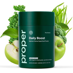 Proper envase frontal del polvo greens con etiqueta clara y beneficios visibles