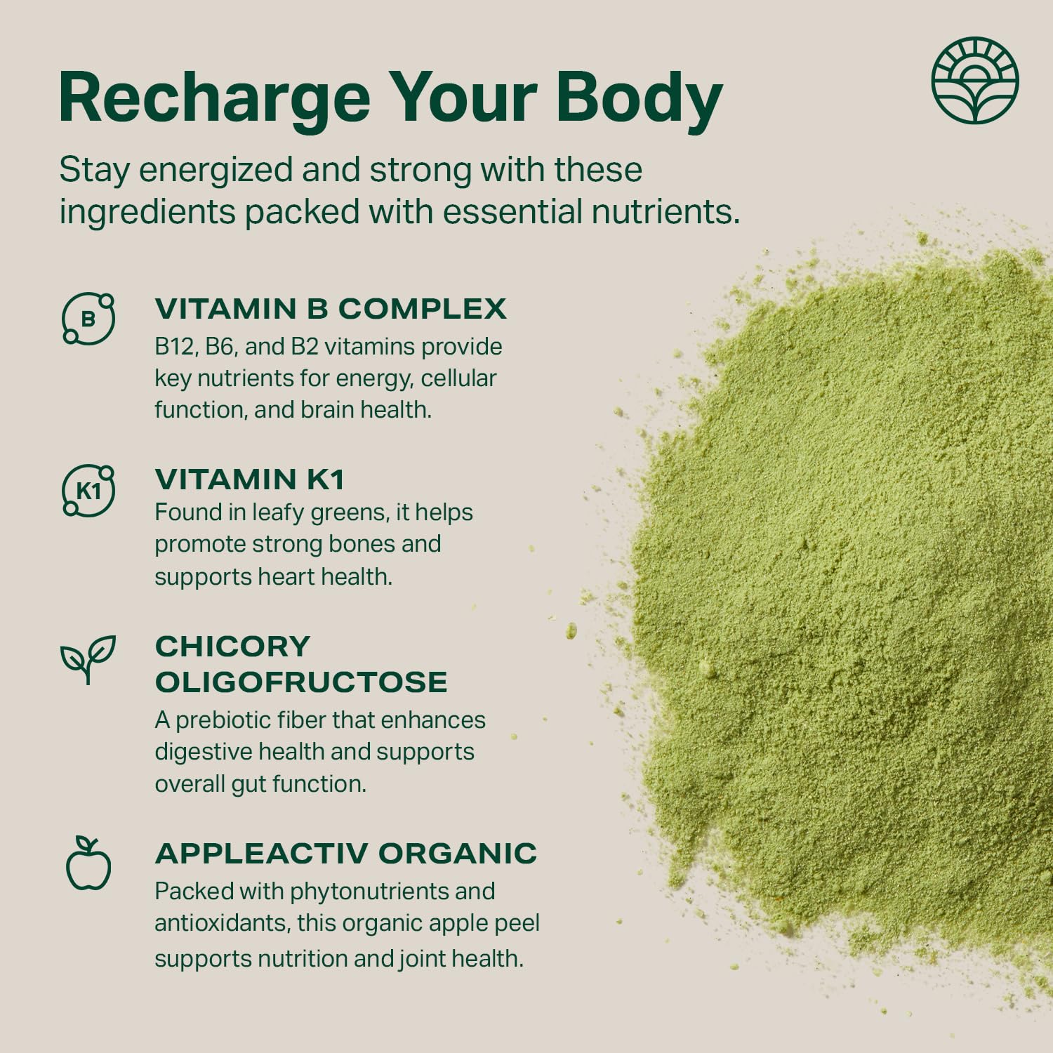 Ingredientes clave Proper: wheatgrass y spirulina mostrados como materias primas saludables