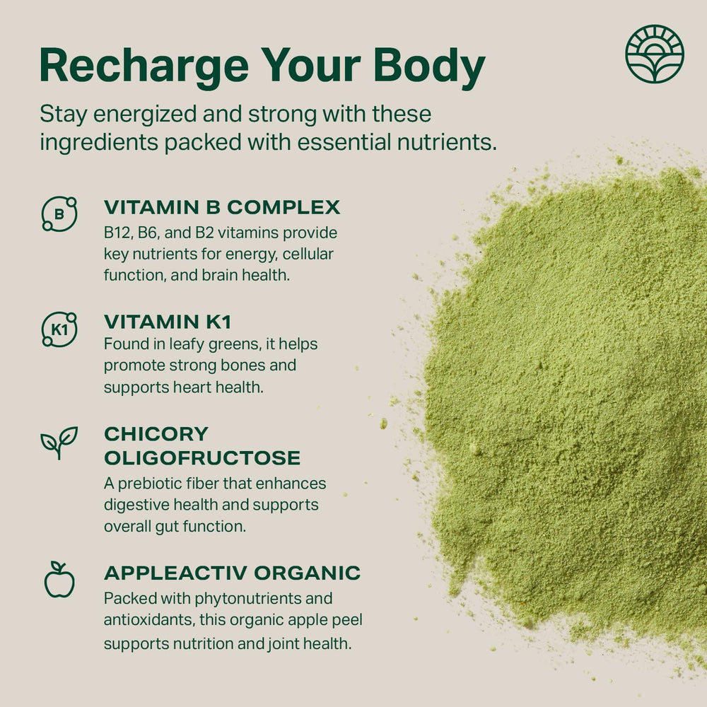 Ingredientes clave Proper: wheatgrass y spirulina mostrados como materias primas saludables
