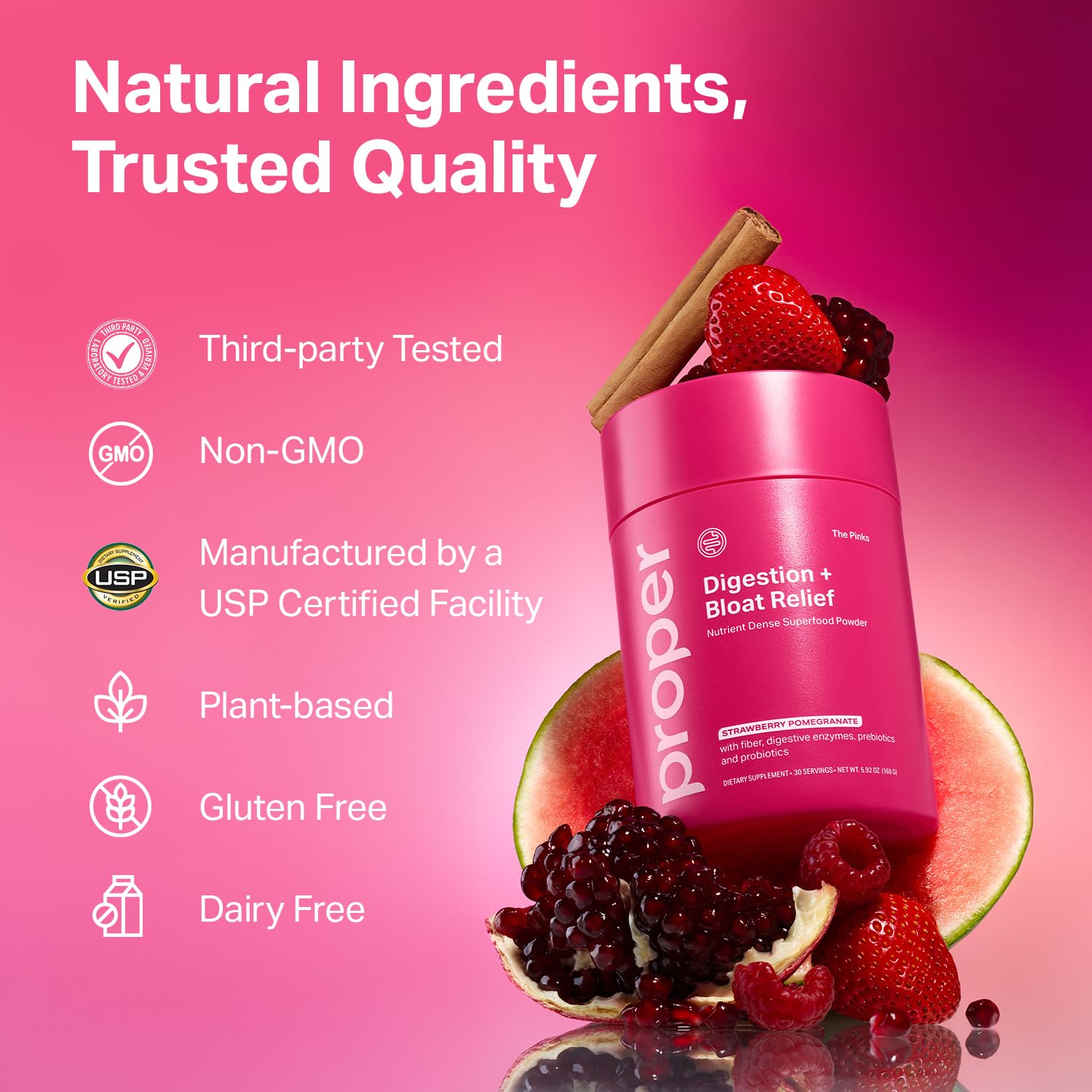 Etiqueta de Proper The Pinks con lista de ingredientes y beneficios para el intestino