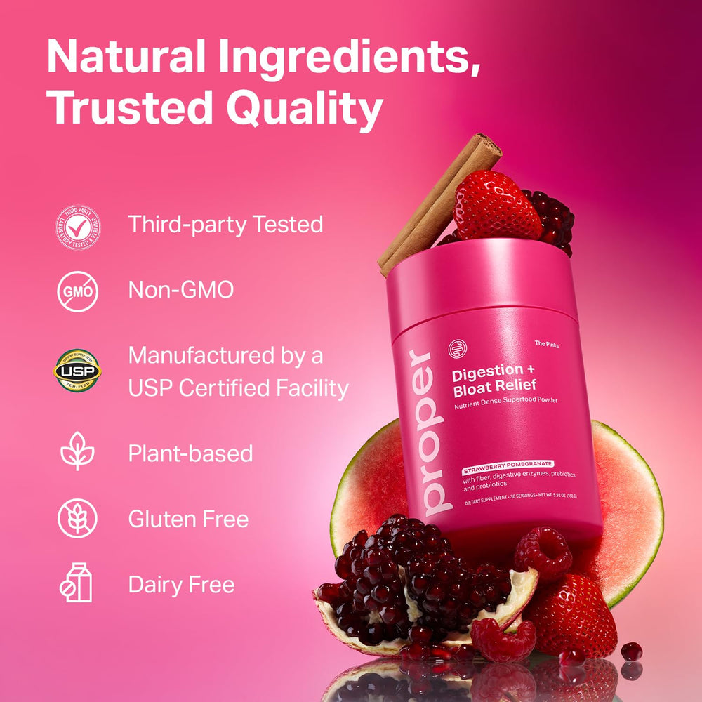 Etiqueta de Proper The Pinks con lista de ingredientes y beneficios para el intestino