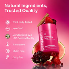 Etiqueta de Proper The Pinks con lista de ingredientes y beneficios para el intestino