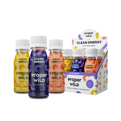 Proper Wild pack frontal mostrando las seis botellas y beneficio de energía portátil