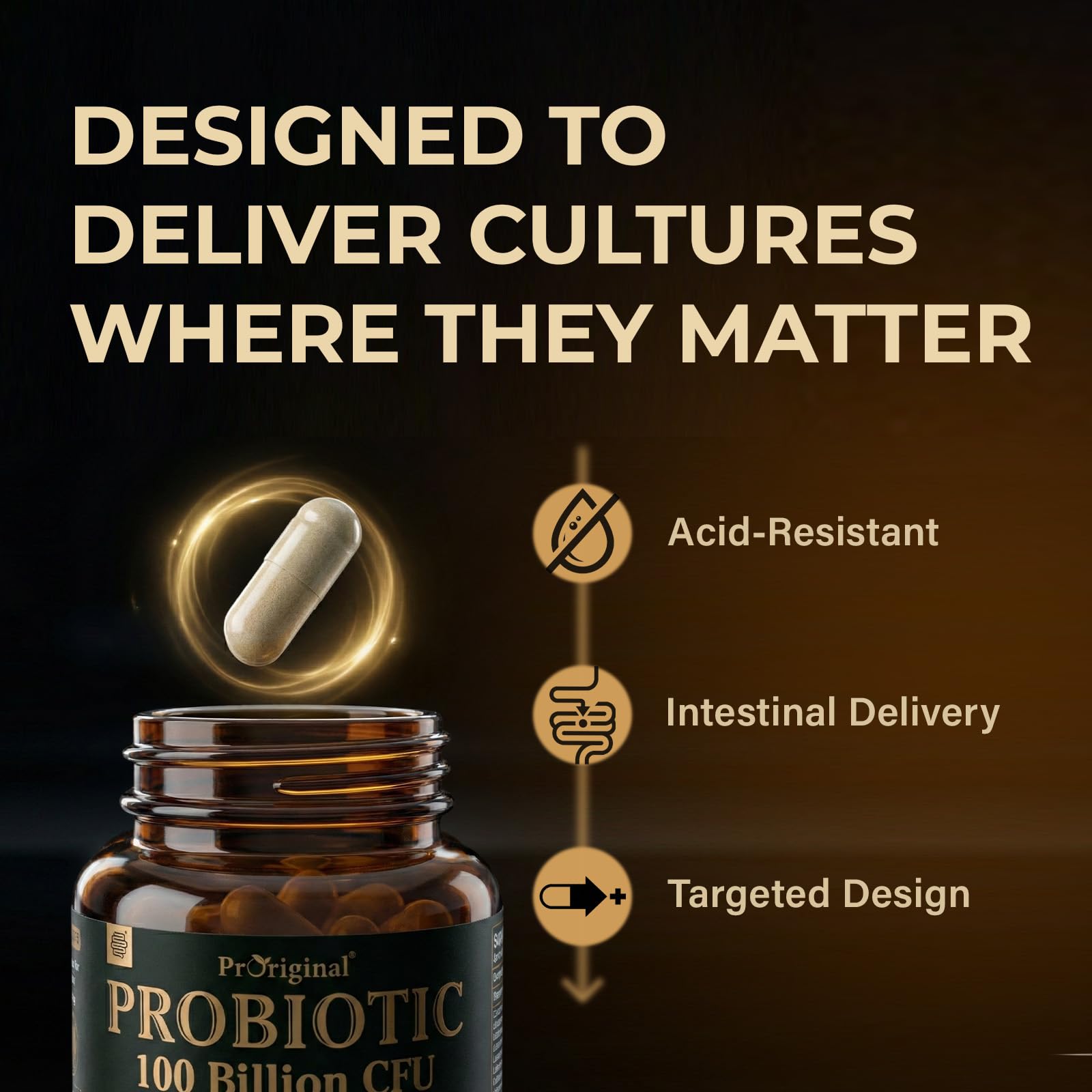 Cápsula Proriginal abierta revelando polvo interno, muestra la formulación y potencia probiótica