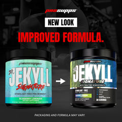ProSupps Dr. Jekyll tarro junto a tabla que indica 30 servicios por envase