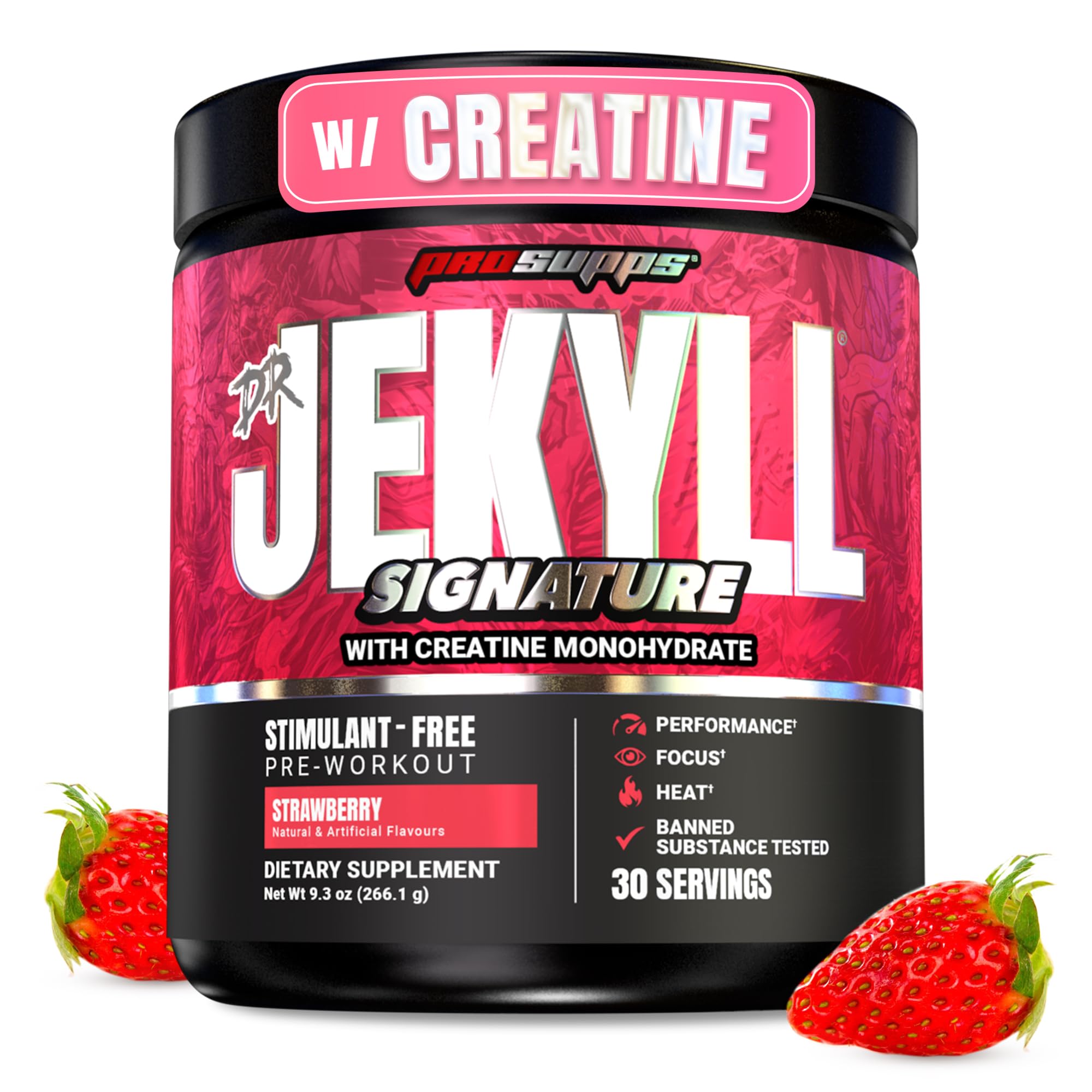 ProSupps Dr. Jekyll frontal botella mostrando sabor fresa y ventajas