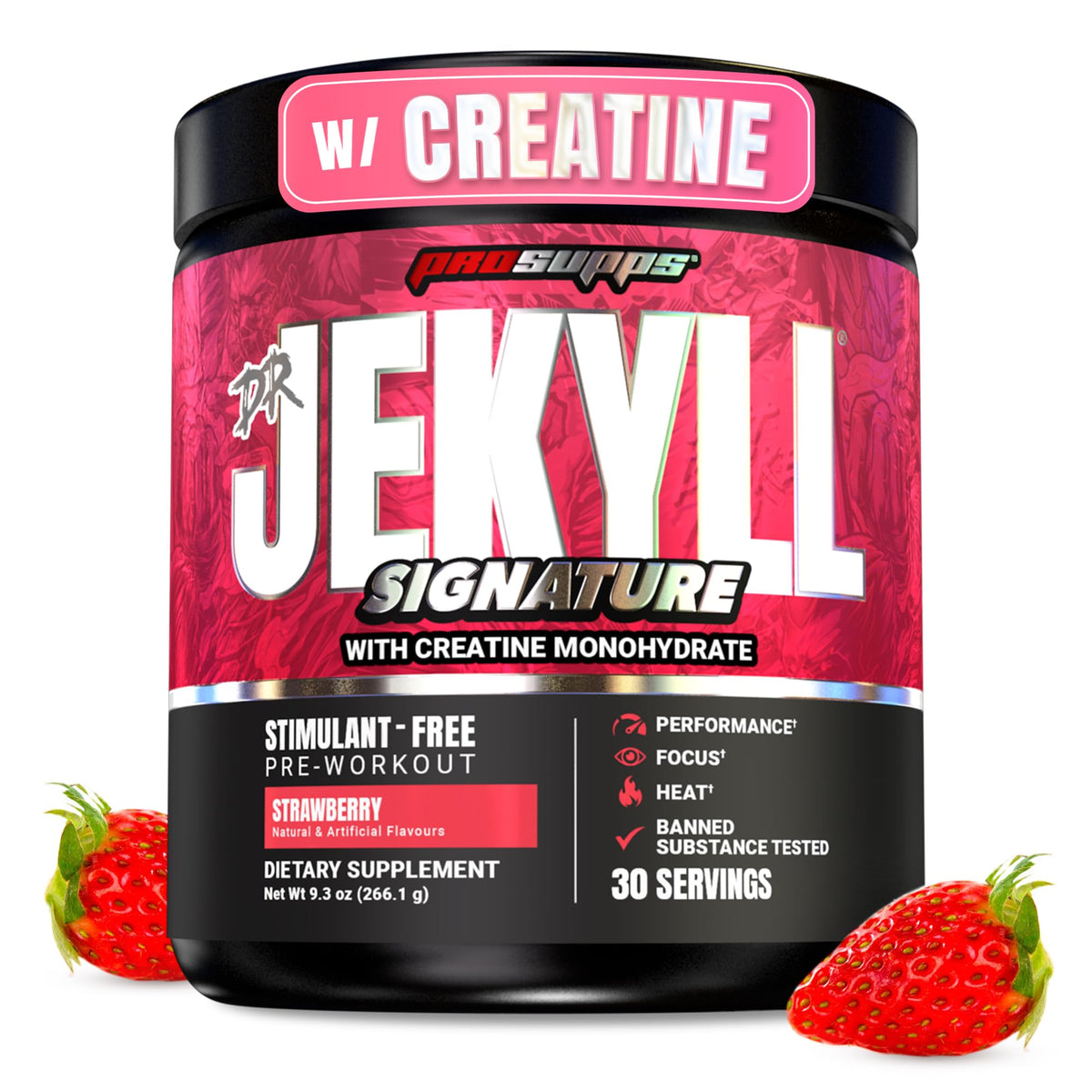 ProSupps Dr. Jekyll frontal botella mostrando sabor fresa y ventajas