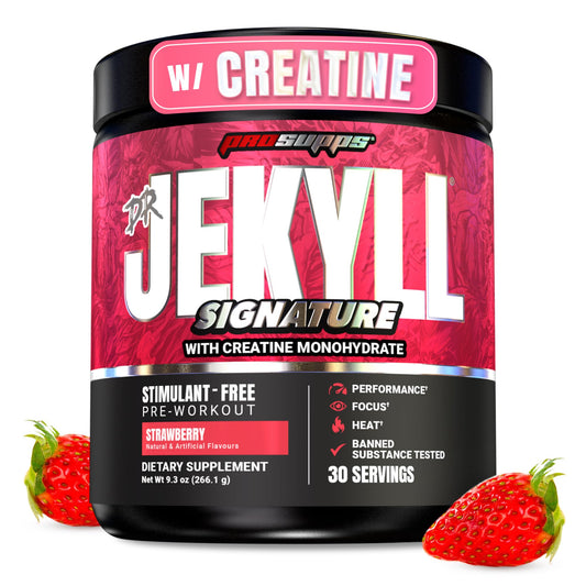 ProSupps Dr. Jekyll frontal botella mostrando sabor fresa y ventajas
