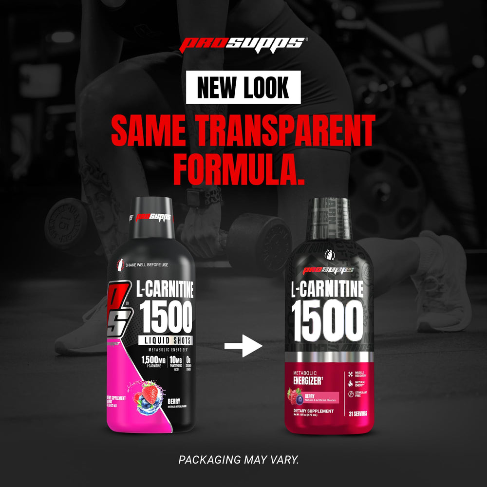 ProSupps L-Carnitine envase sobre mesa de gimnasio evocando uso práctico