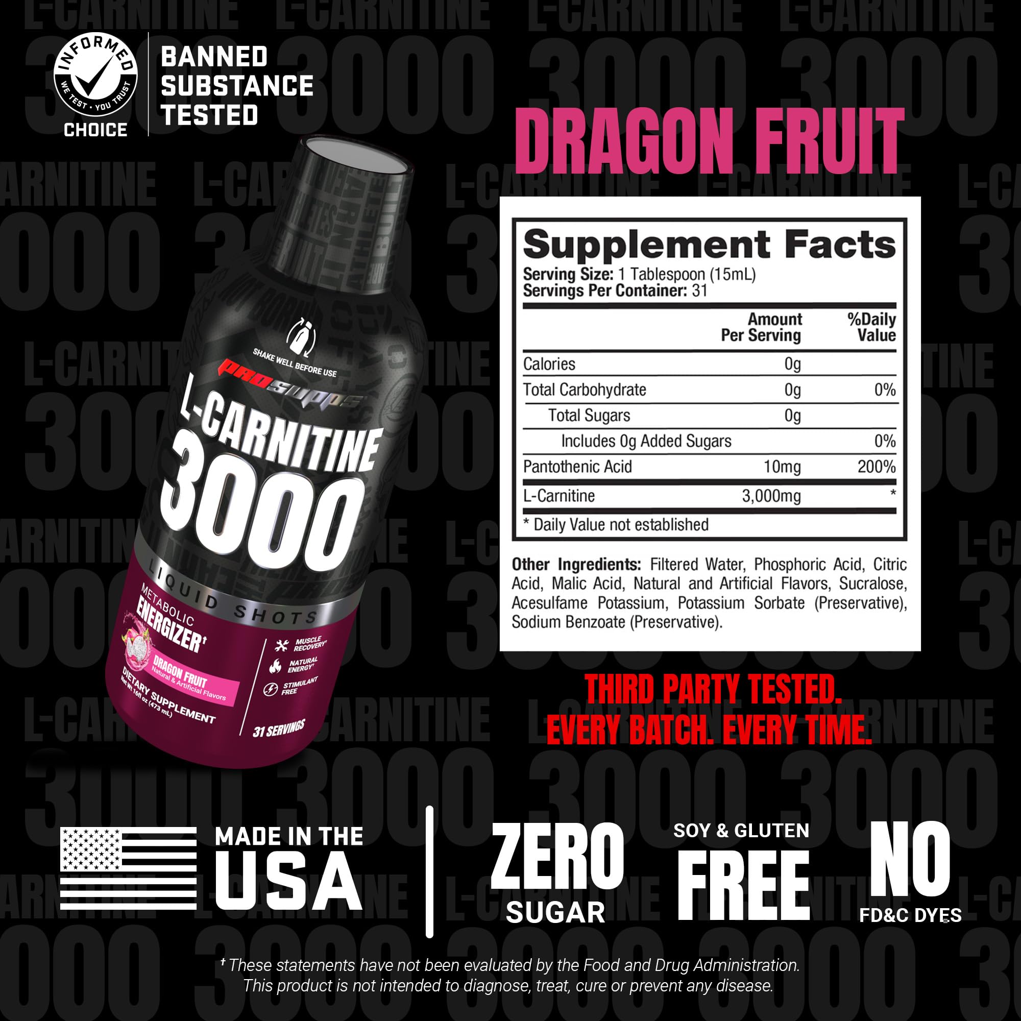 etiqueta de ProSupps L-Carnitine con información de porciones y sin azúcares