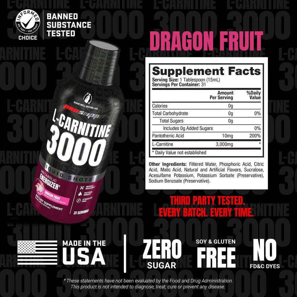 etiqueta de ProSupps L-Carnitine con información de porciones y sin azúcares
