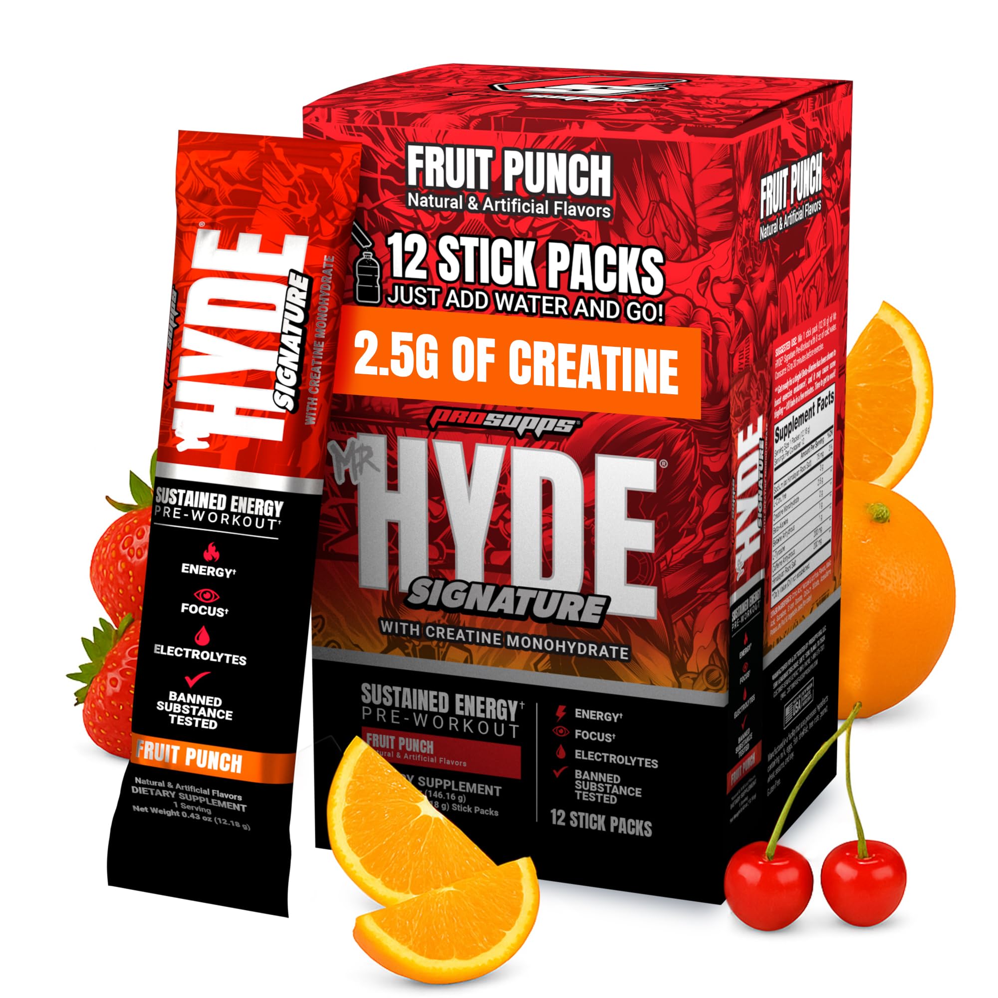 ProSupps Mr. Hyde vista frontal del paquete Fruit Punch con fácil transporte