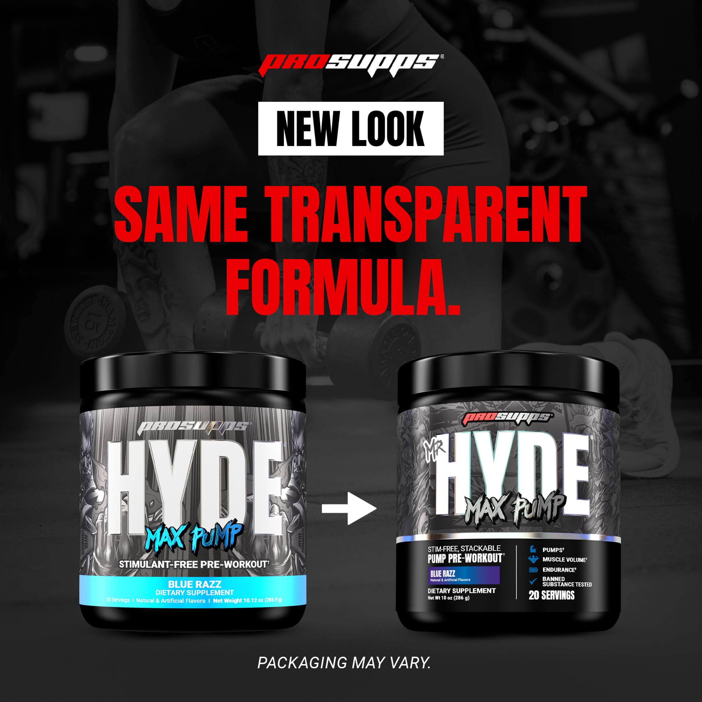 ProSupps bote en gimnasio cerca de pesas ilustrando uso pre-entreno práctico