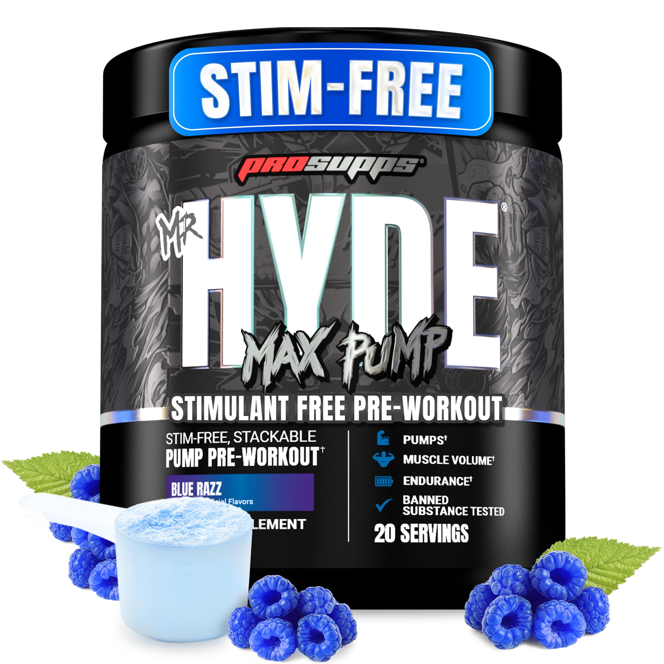 ProSupps envase frontal Mr. Hyde Max Pump mostrando diseño y sabor blue razz