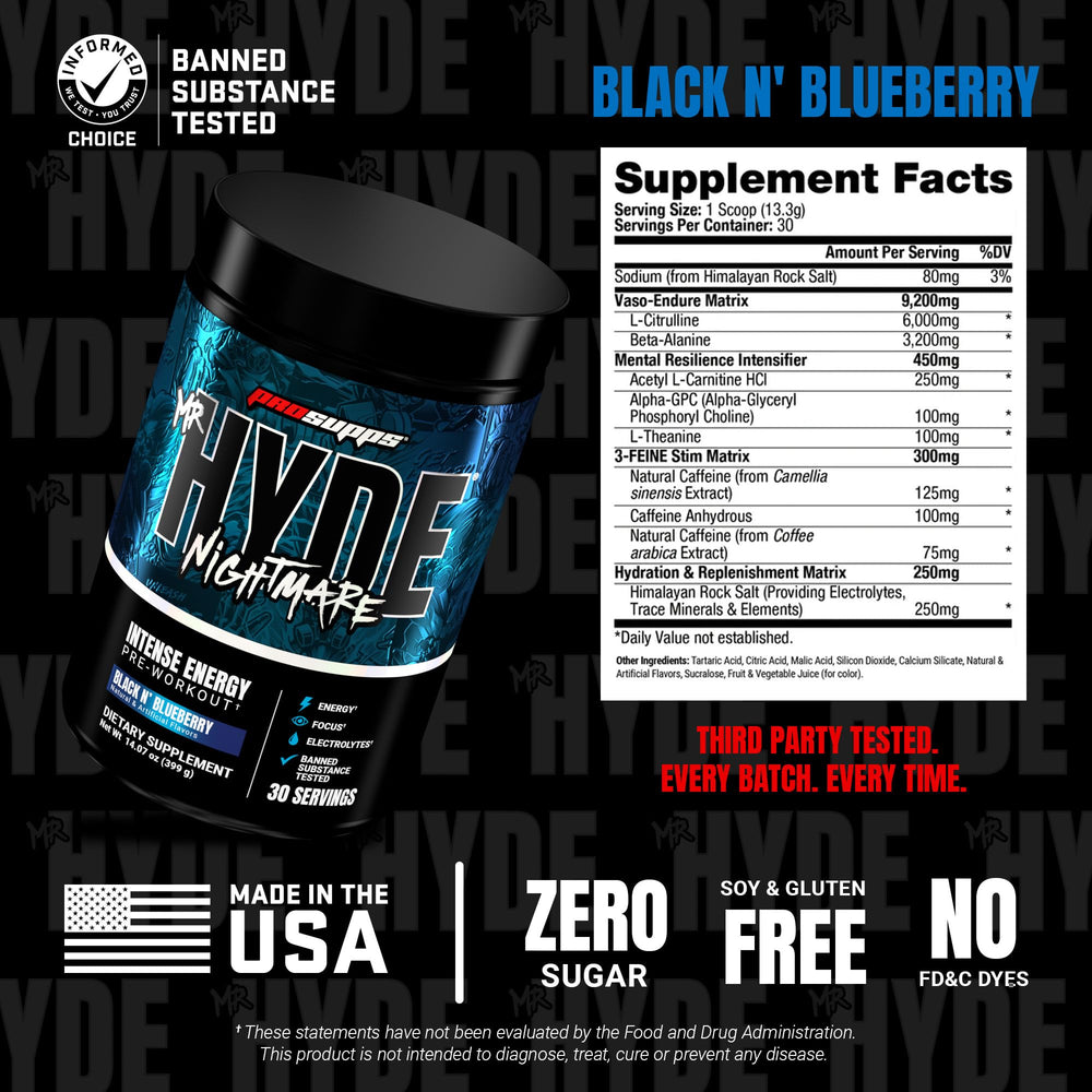 ProSupps Mr. Hyde Nightmare etiqueta con ingredientes y beneficios legibles