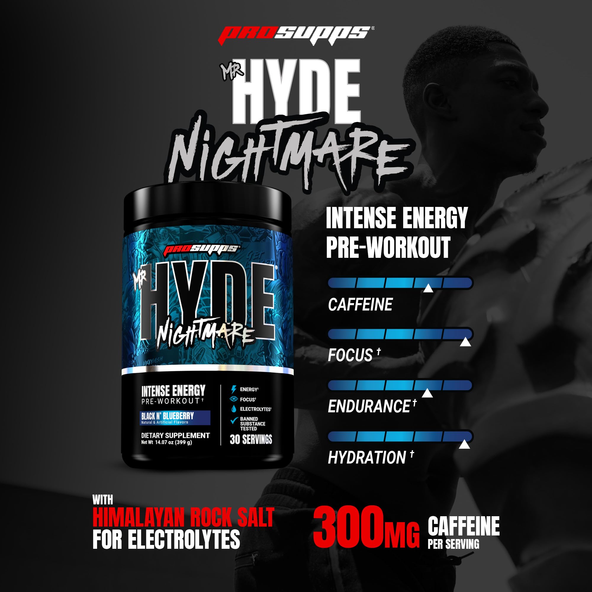 ProSupps Mr. Hyde Nightmare tarro abierto con cucharón y contenido visible