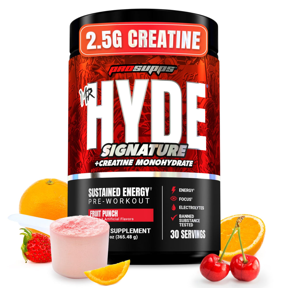 ProSupps Mr. Hyde envase frontal muestra el sabor Fruit Punch y potencia