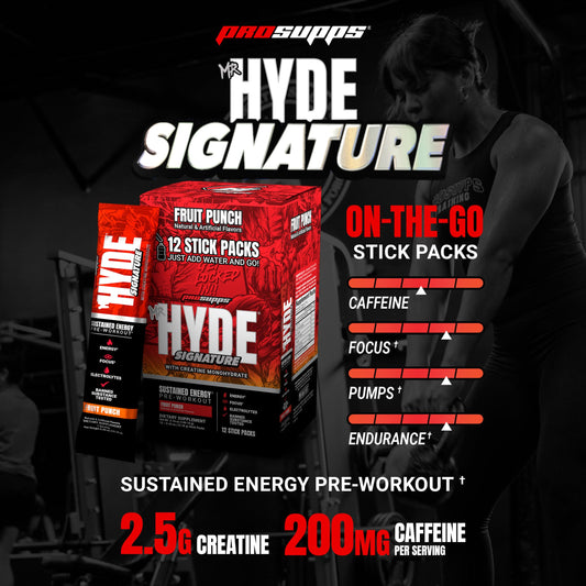 ProSupps Mr. Hyde primer plano del sobre mostrando la textura y medida exacta
