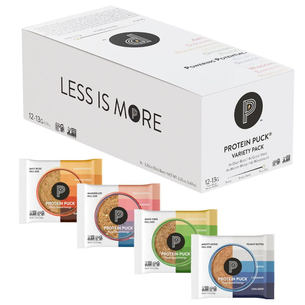 Protein Puck empaque frontal mostrando variedad y tamaño grande para viaje