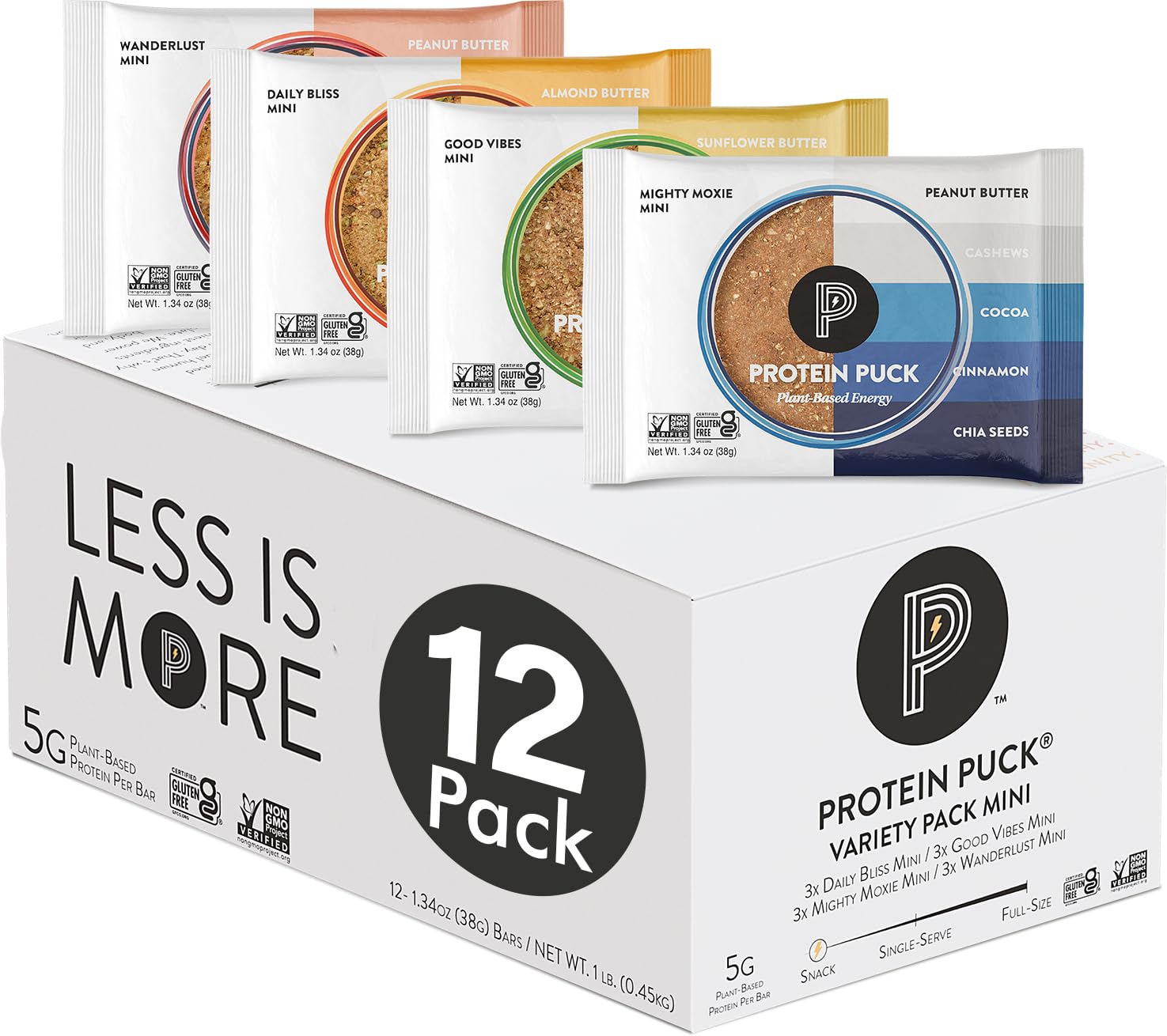 Protein Puck empaque frontal mostrando variedad y portabilidad
