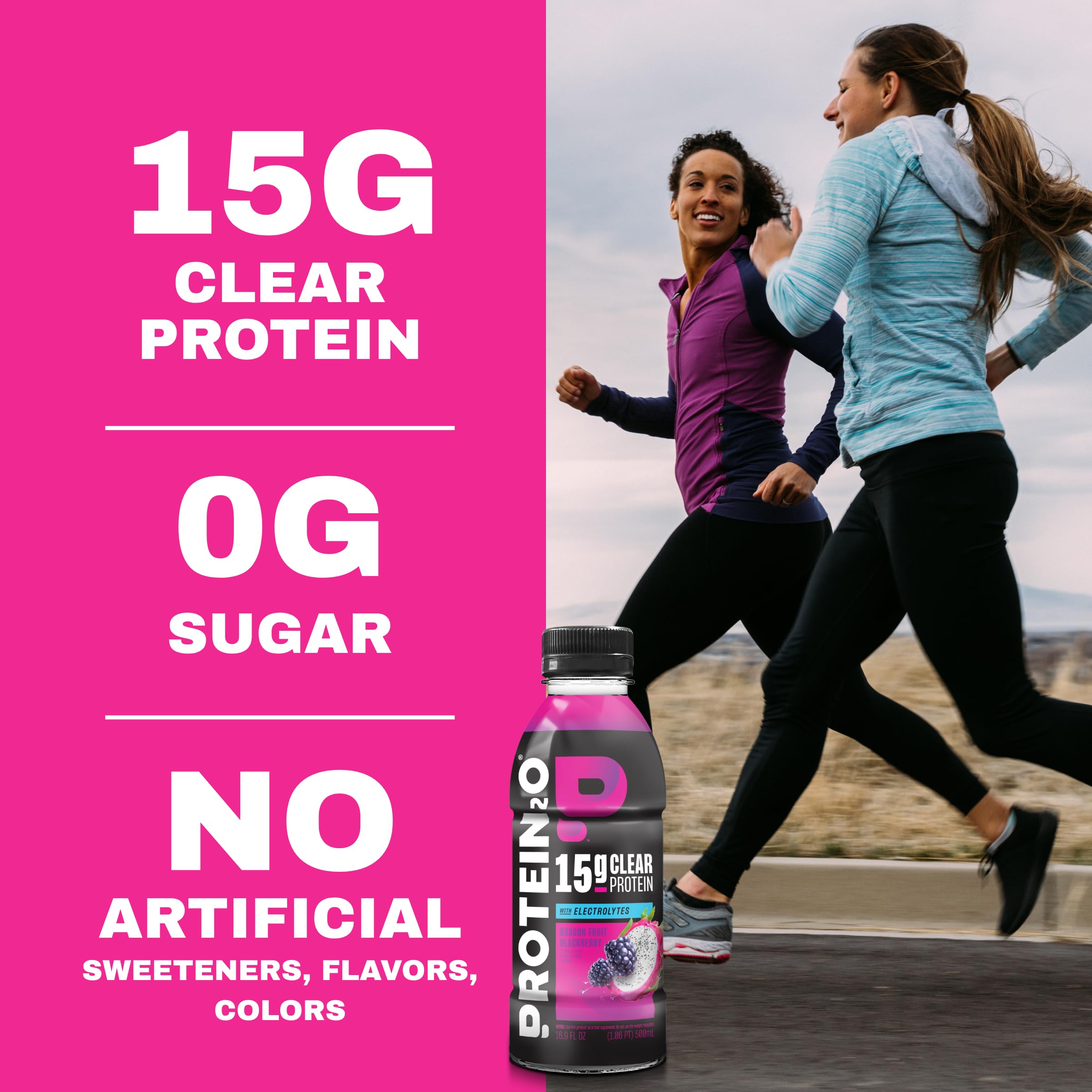 Protein2o botella en mano demostrando conveniencia lista para beber y reposición rápida
