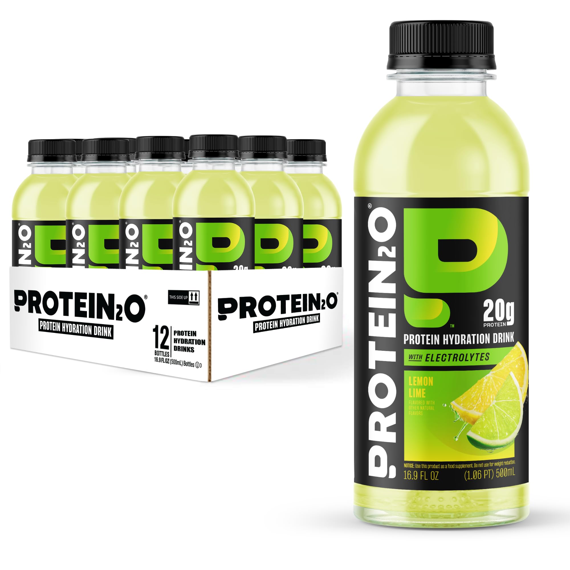 Protein2o botella frontal Lemon Lime mostrando etiqueta y beneficio proteico