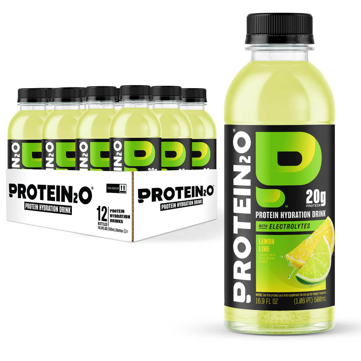 Protein2o botella frontal Lemon Lime mostrando etiqueta y beneficio proteico