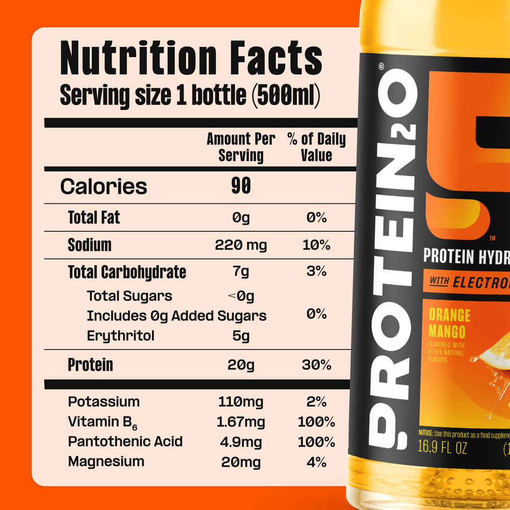 Protein2o comparación de tamaño de botella en mano, control de porción