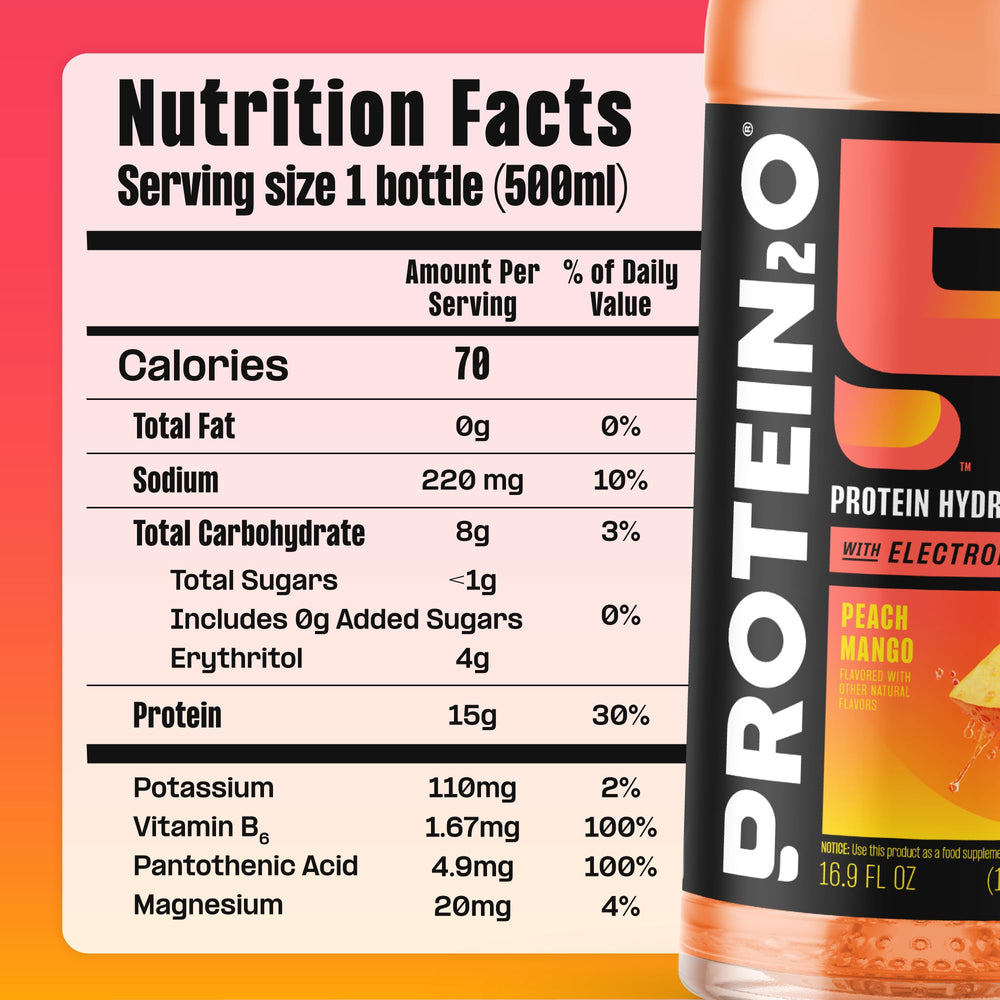 Pack de 12 Protein2o Durazno Mango en mesa listo para almacenamiento y ahorro
