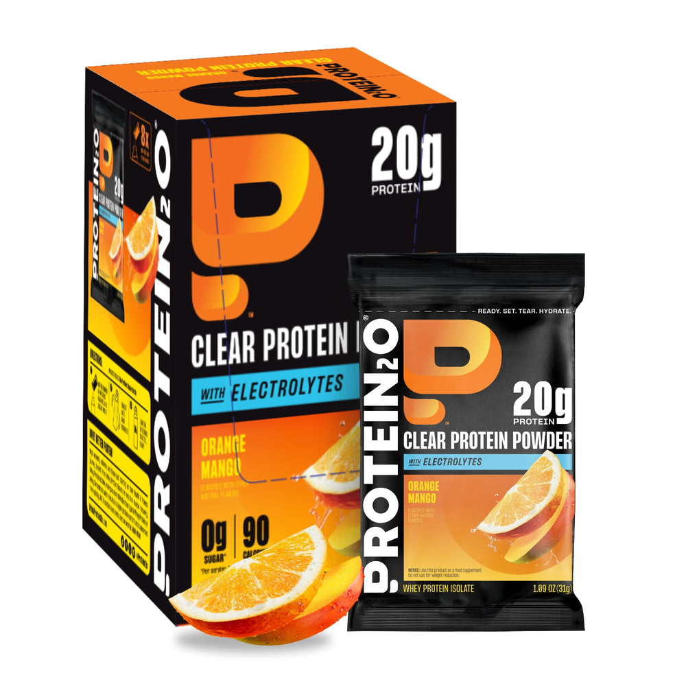 Protein2o envase frontal sabor naranja mango, presentación clara y refrescante