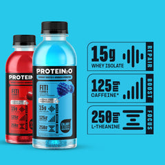 Protein2o bebida junto a pesas en gimnasio, soporte para recuperación y energía