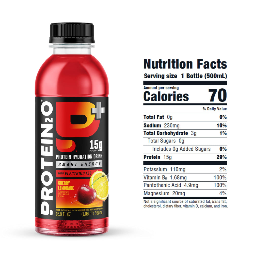 Protein2o etiqueta nutricional ampliada, muestra proteína, electrolitos y cafeína