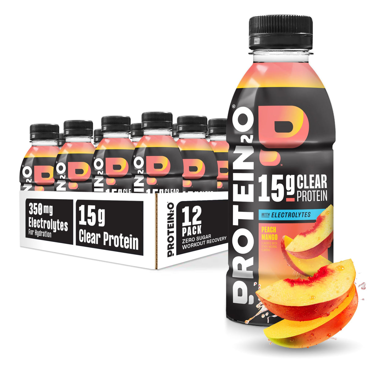 Botella Protein2o Durazno Mango vista frontal muestra diseño limpio y refrescante