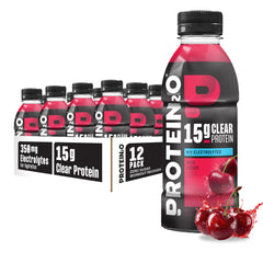 Protein2o frente del paquete Wild Cherry que muestra la botella y beneficio refrescante
