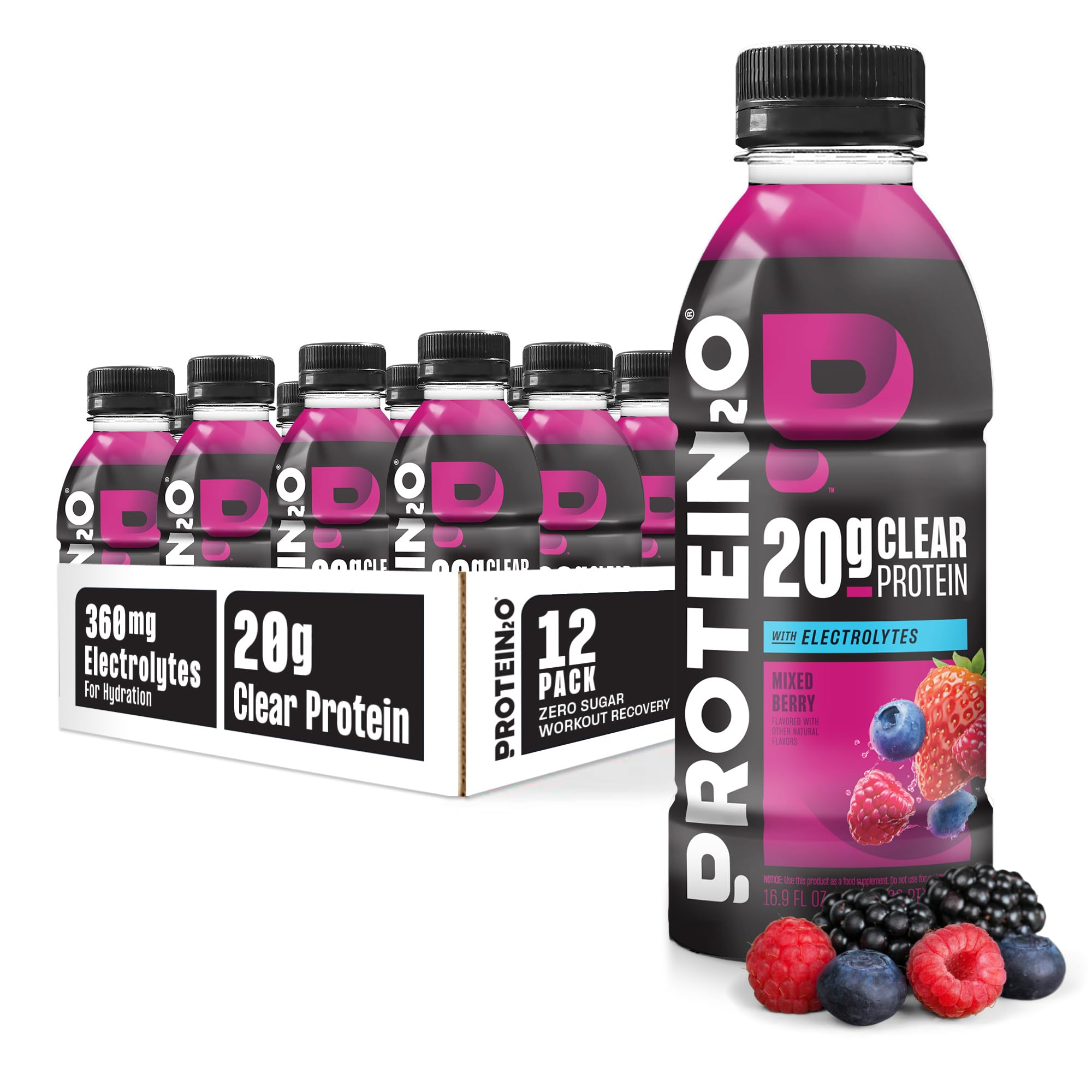 Protein2o frente del envase Mixed Berry con diseño claro y refrescante